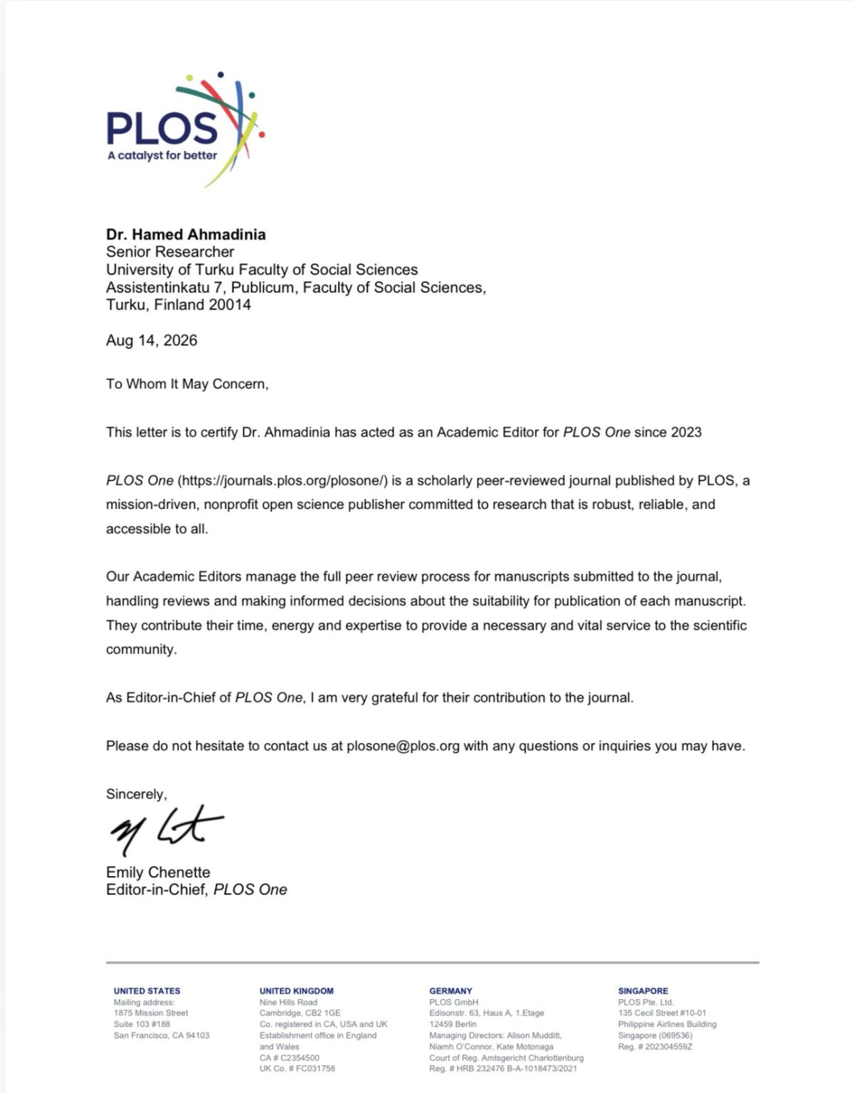 PLOS ONE — Academic Editor