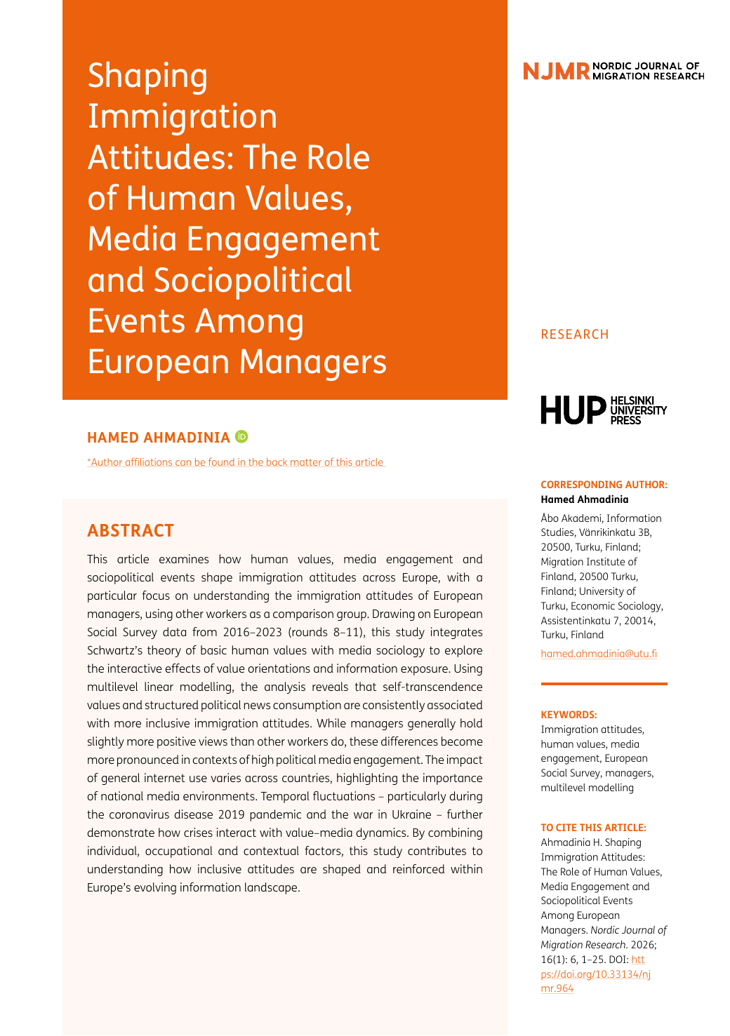 Shaping Immigration Attitudes: The Role of Human Values, Media Engagement, and Sociopolitical Events among European Managers