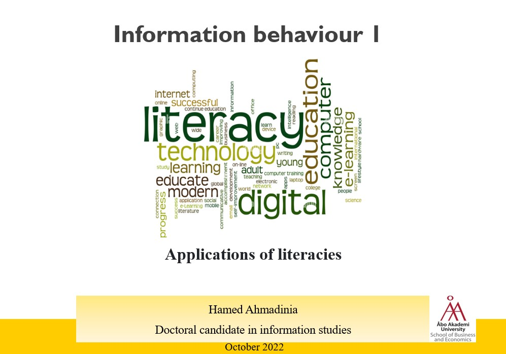 Opening slide from the Applications of Literacies module in Information Behaviour I at Åbo Akademi University.