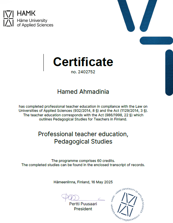 HAMK certificate for the 60-credit International Professional Teacher Education programme.