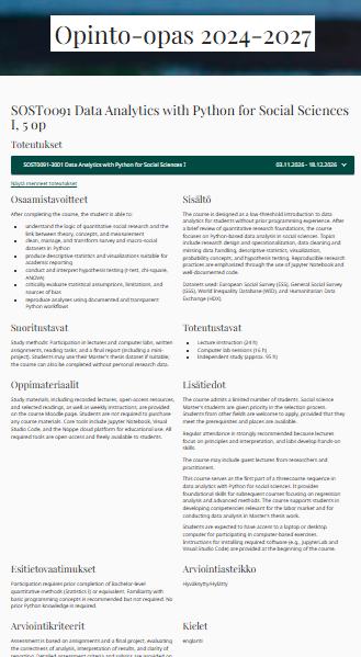 Official University of Turku study-guide listing for SOST0091 Data Analytics with Python for Social Sciences I.